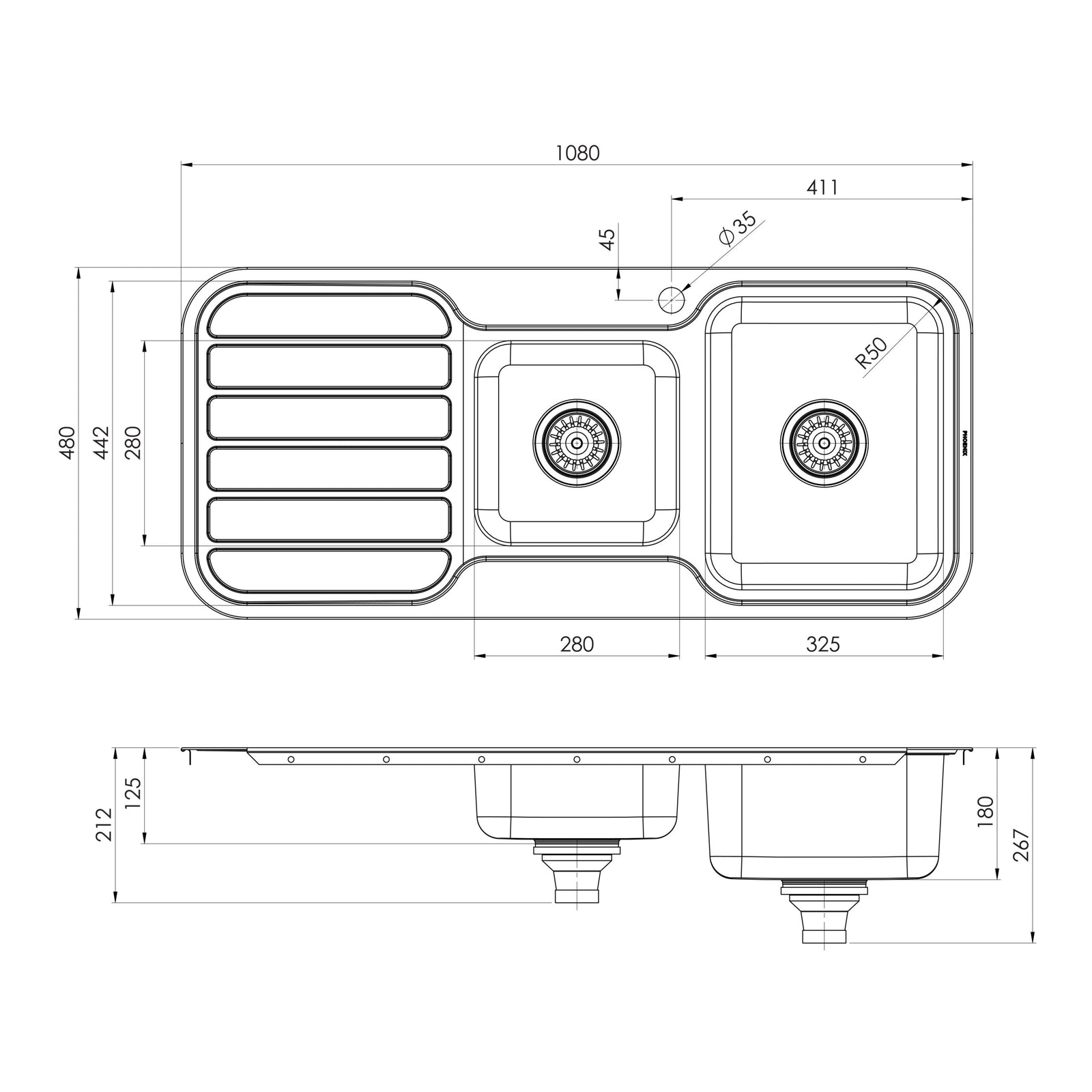 Phoenix 1000 Series 1 and 3/4 Right Hand Bowl Sink with Drainer and Taphole
