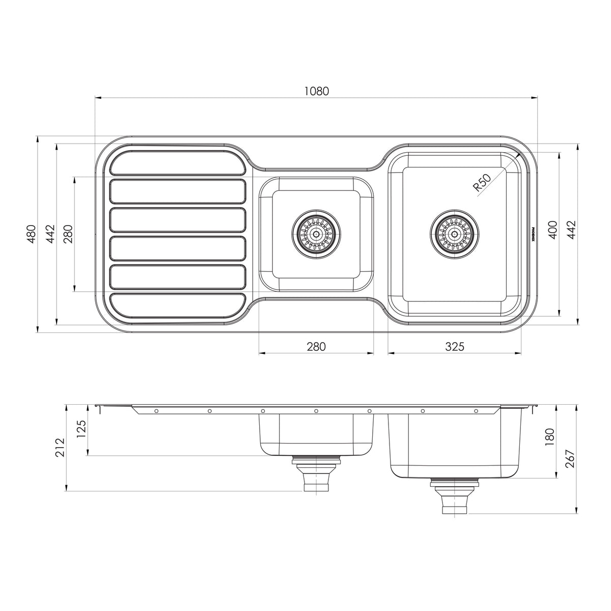 Phoenix 1000 Series 1 and 3/4 Bowl Sink with Drainer and No Taphole