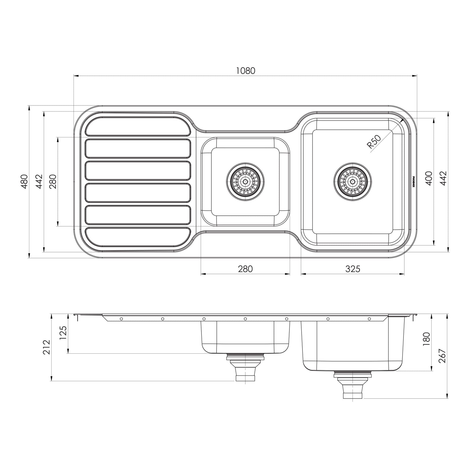 Phoenix 1000 Series 1 and 3/4 Bowl Sink with Drainer and No Taphole