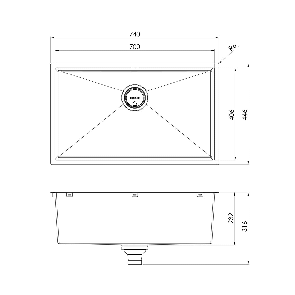 Phoenix 4000 Series Extra Large Single Bowl Sink 700mm