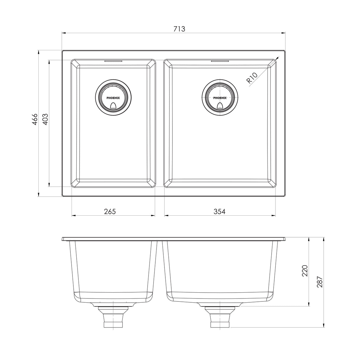 Phoenix 5000 Series 1 and 3/4 Right Hand Bowl Sink