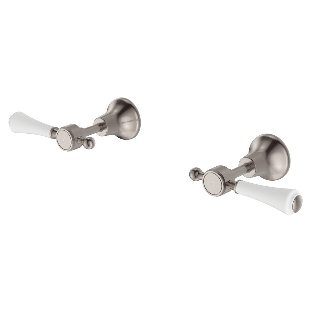 Lillian Lever Wall Top Assemblies - Brushed Nickel with Ceramic White Handle