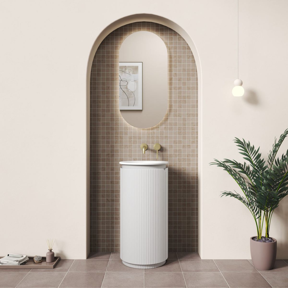 Aulic Civaro Floor Standing Pillar Vanity 420mm in Matte White, styled bathroom