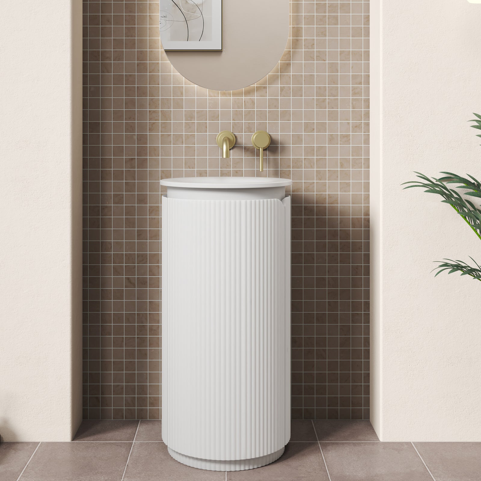 Aulic Civaro Floor Standing Pillar Vanity 420mm in Matte White, styled bathroom