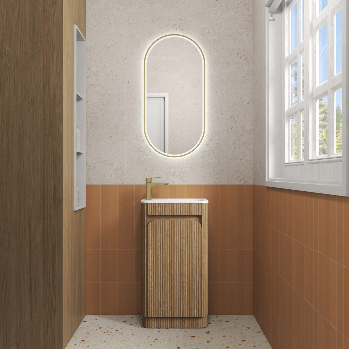 Aulic Mini Hartelle Fluted Floor Standing Vanity 470mm in Harvest Oak, styled bathroom
