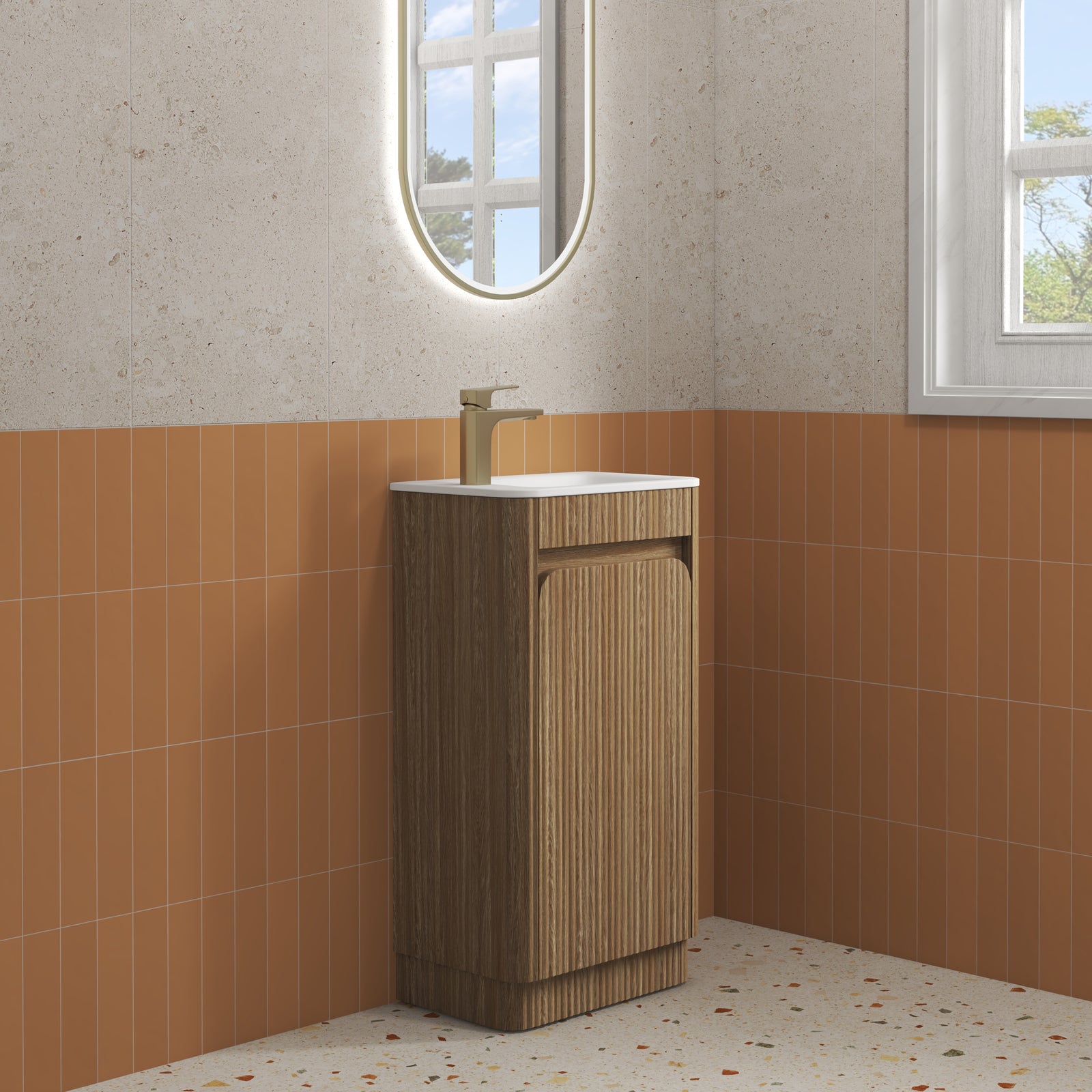 Aulic Mini Hartelle Fluted Floor Standing Vanity 470mm in Harvest Oak, styled bathroom