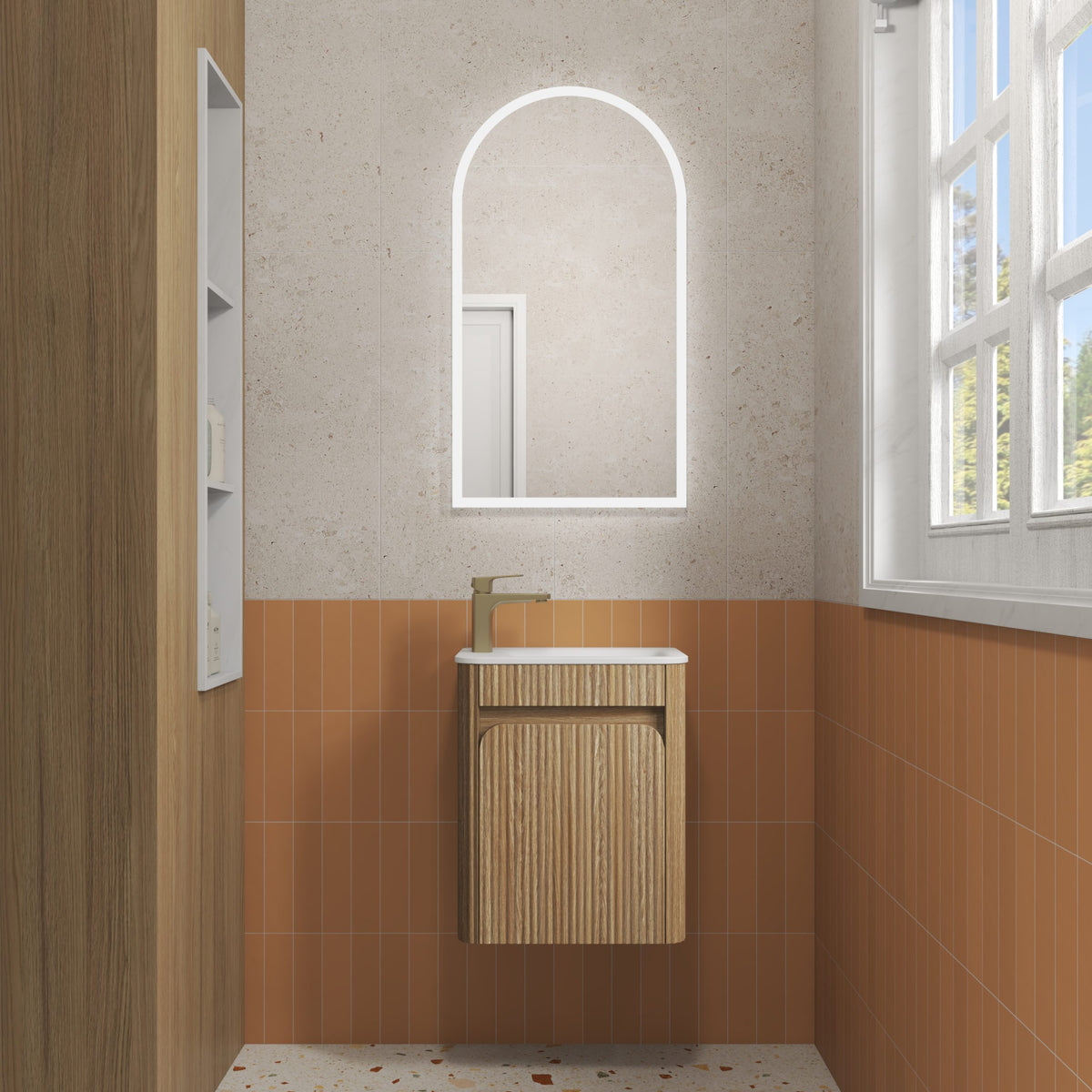 Aulic Mini Hartelle Fluted Wall Hung Vanity 470mm in Harvest Oak, styled bathroom