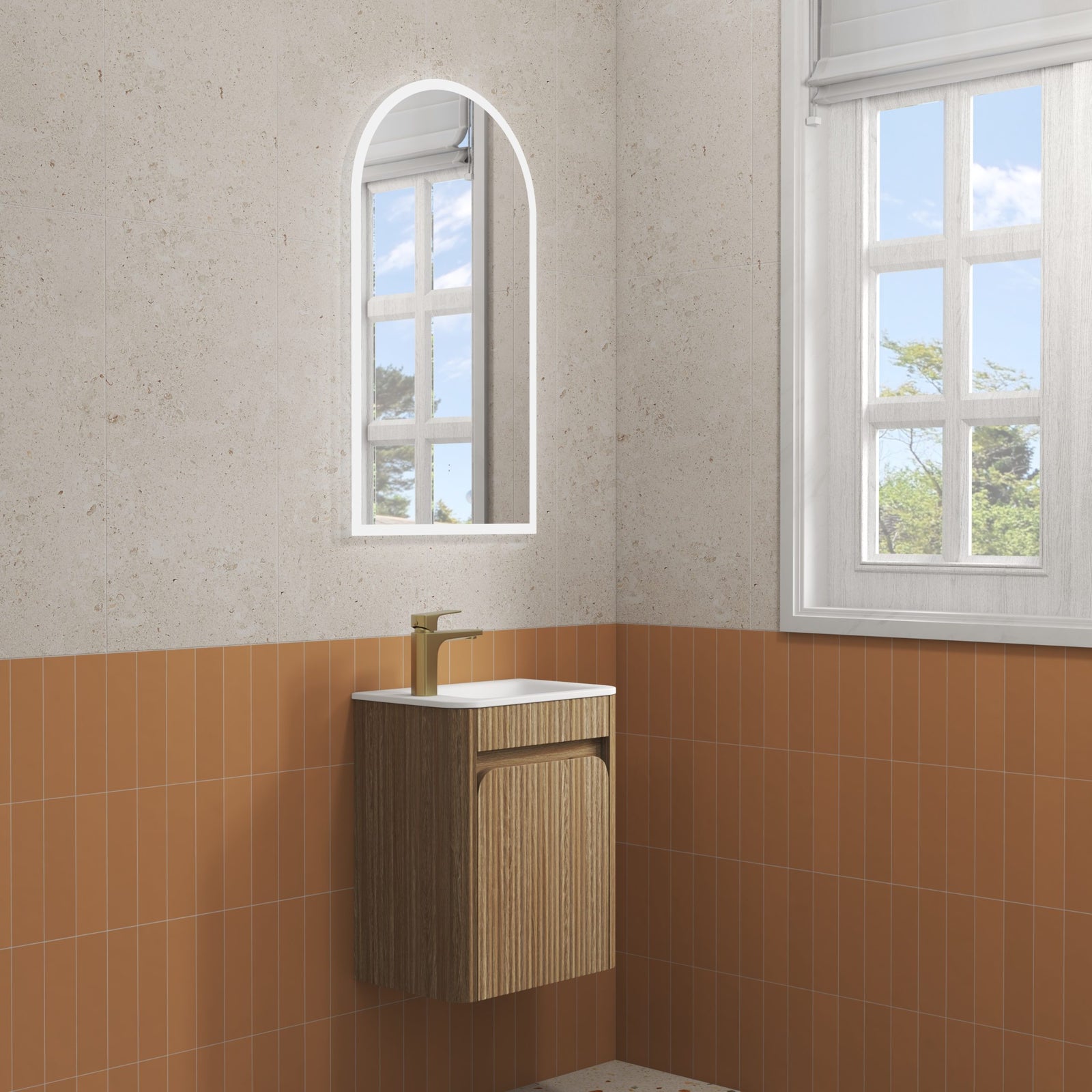 Aulic Mini Hartelle Fluted Wall Hung Vanity 470mm in Harvest Oak, styled bathroom
