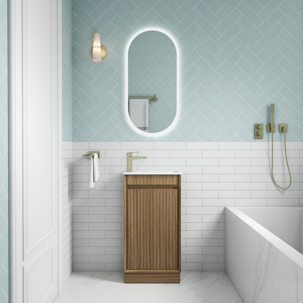 Aulic Mini Ravia Fluted Floor Standing Vanity 450mm in Harvest Oak, styled bathroom