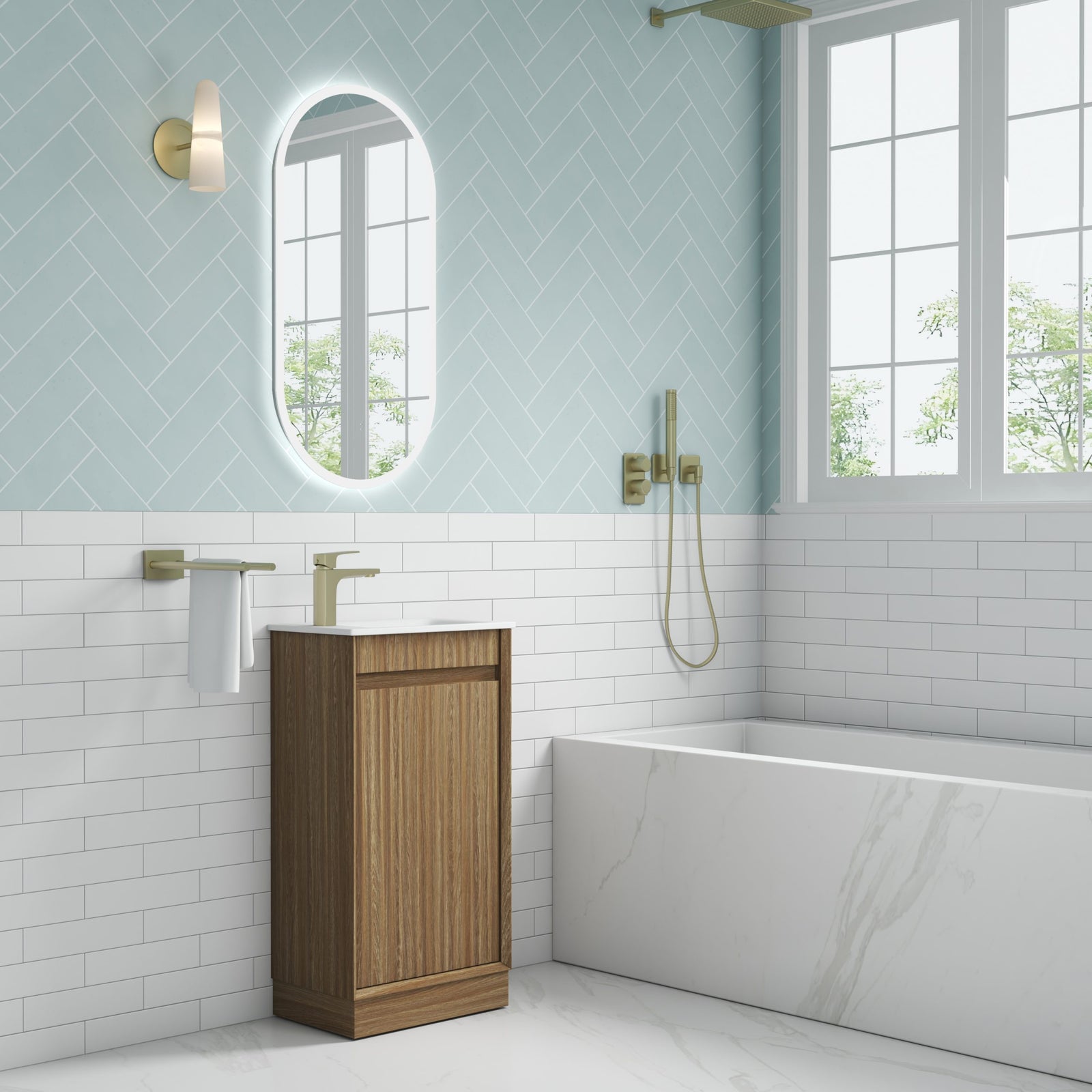Aulic Mini Ravia Fluted Floor Standing Vanity 450mm in Harvest Oak, styled bathroom
