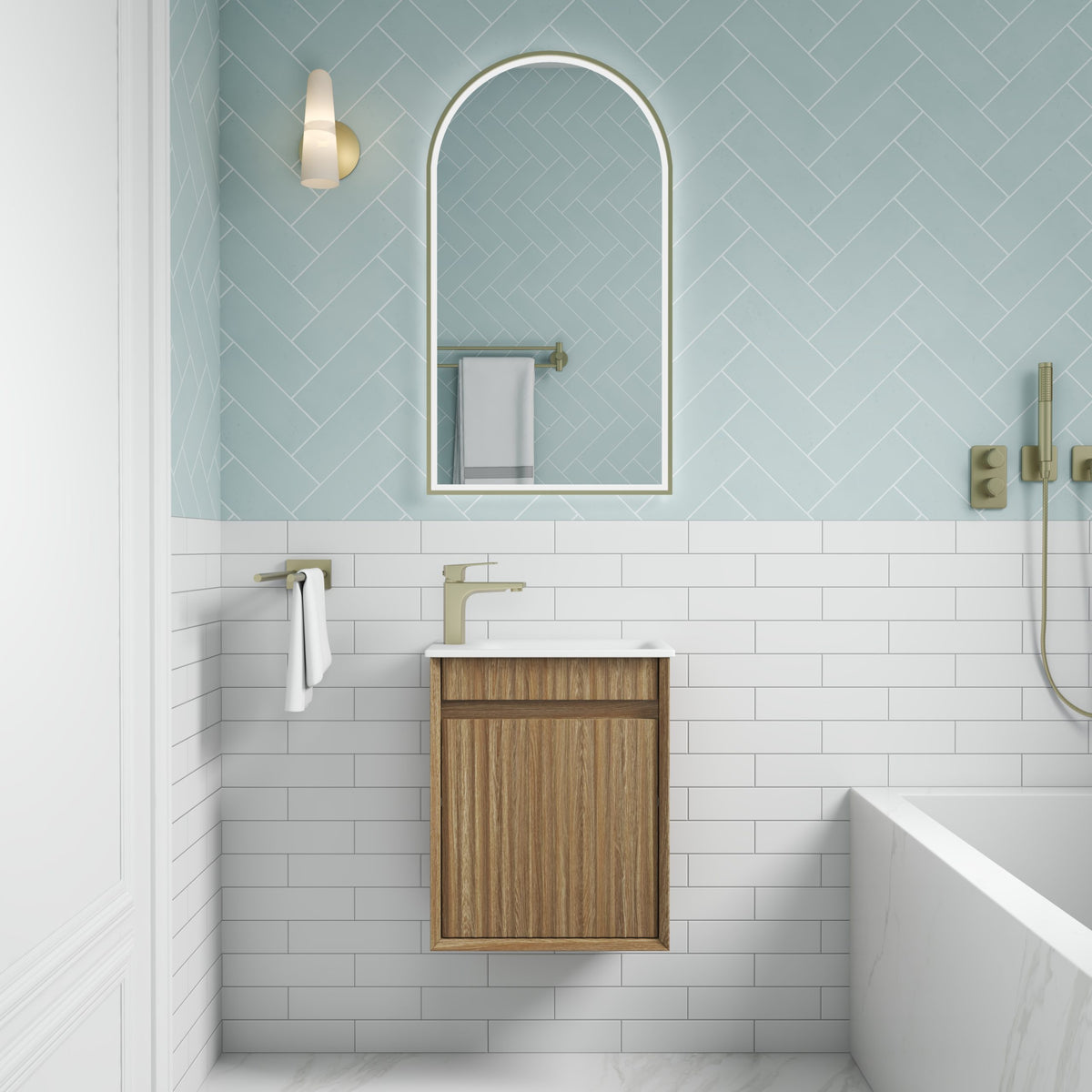 Aulic Mini Ravia Fluted Wall Hung Vanity 450mm in Harvest Oak, styled bathroom