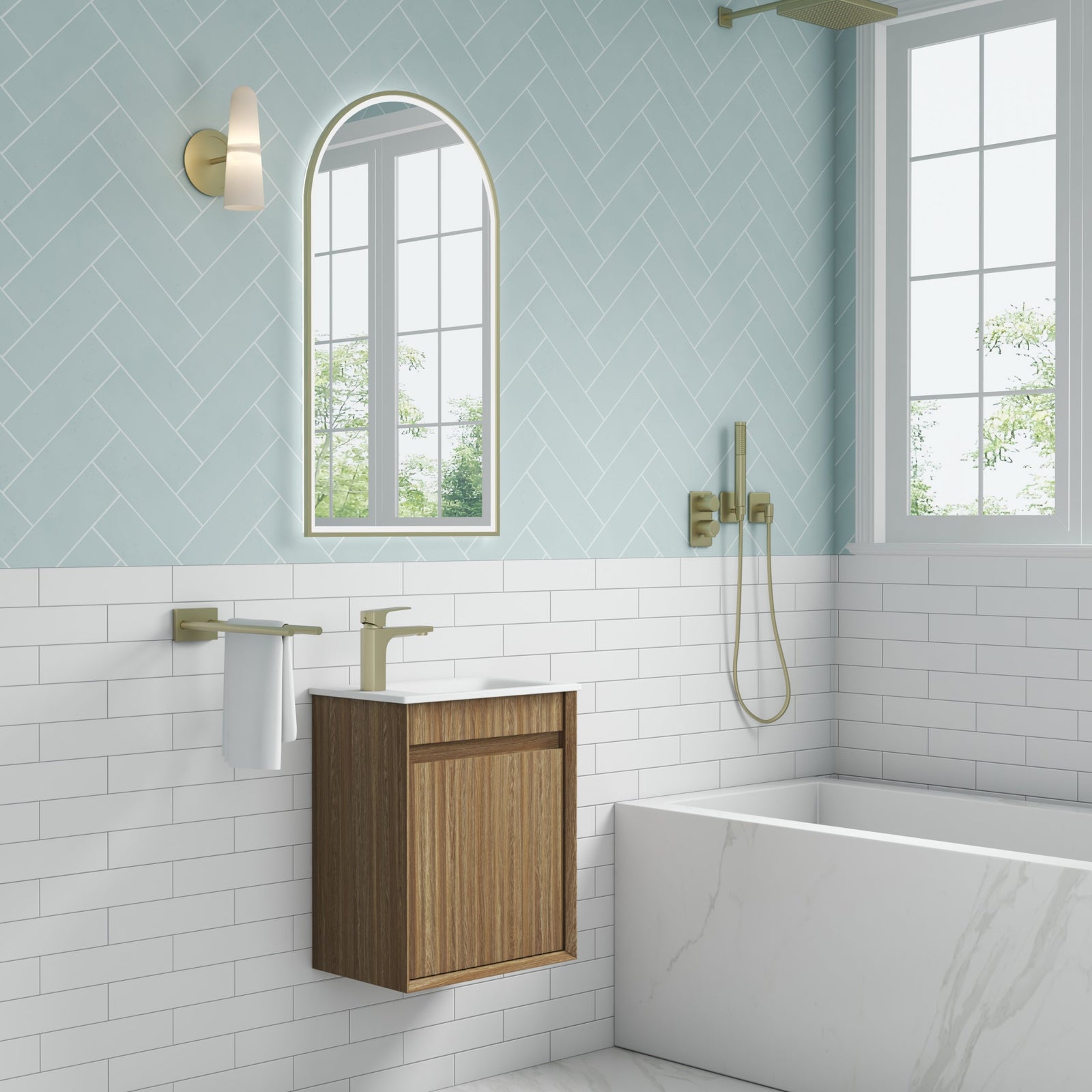 Aulic Mini Ravia Fluted Wall Hung Vanity 450mm in Harvest Oak, styled bathroom
