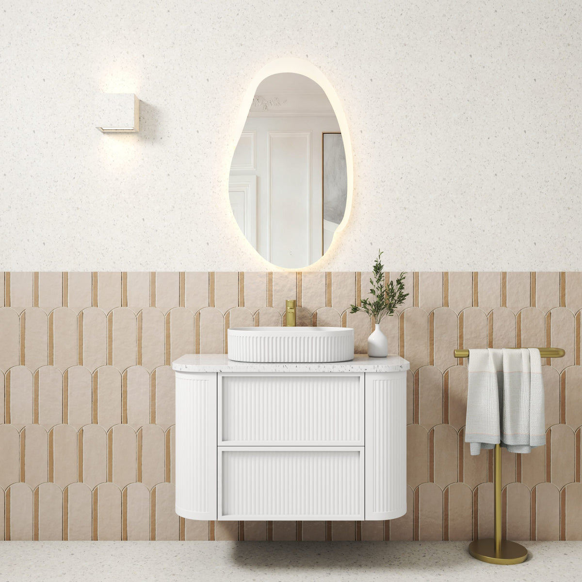 Aulic Ramee Fluted Wall Hung Vanity 900mm in Matte White, styled bathroom
