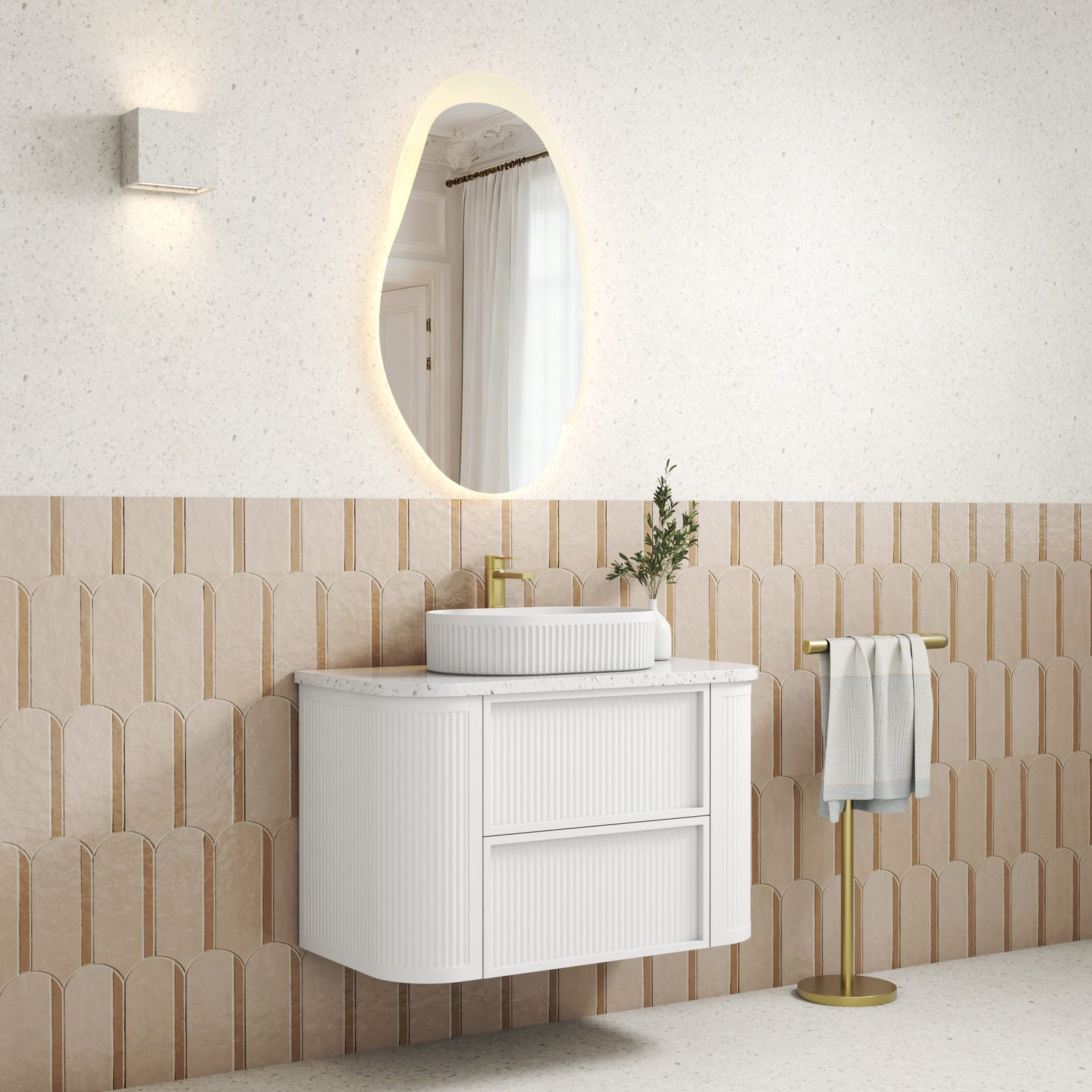 Aulic Ramee Fluted Wall Hung Vanity 900mm in Matte White, styled bathroom