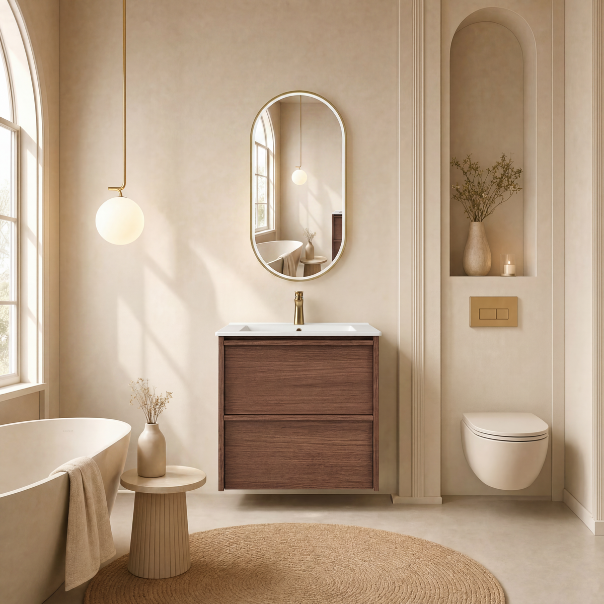 Aulic Venetta Framed Wall Hung Vanity 600mm in Walnut, styled bathroom