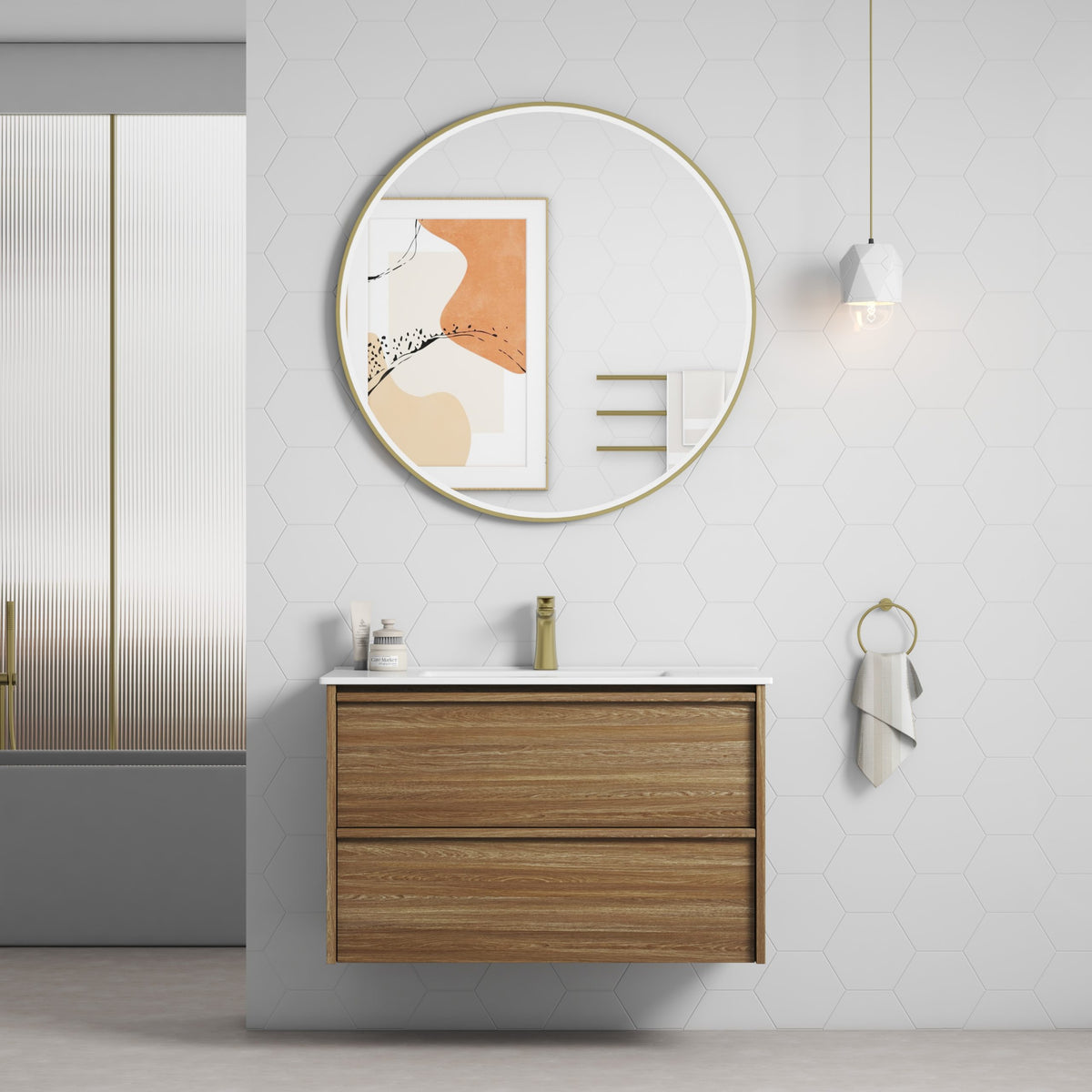 Aulic Venetta Framed Wall Hung Vanity 900mm in Harvest Oak, styled bathroom