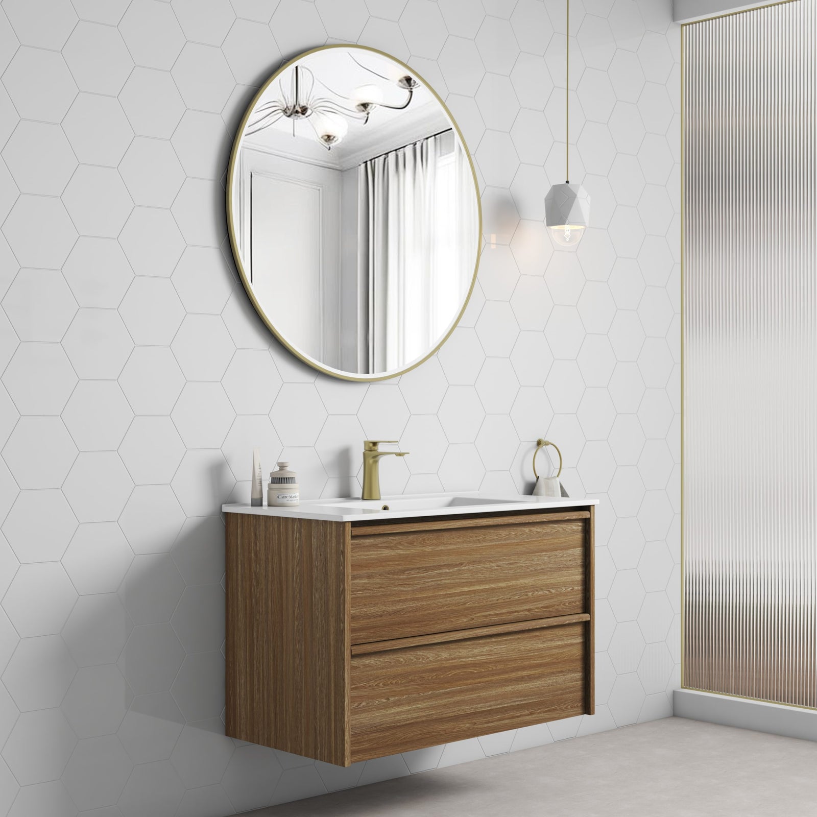 Aulic Venetta Framed Wall Hung Vanity 900mm in Harvest Oak, styled bathroom