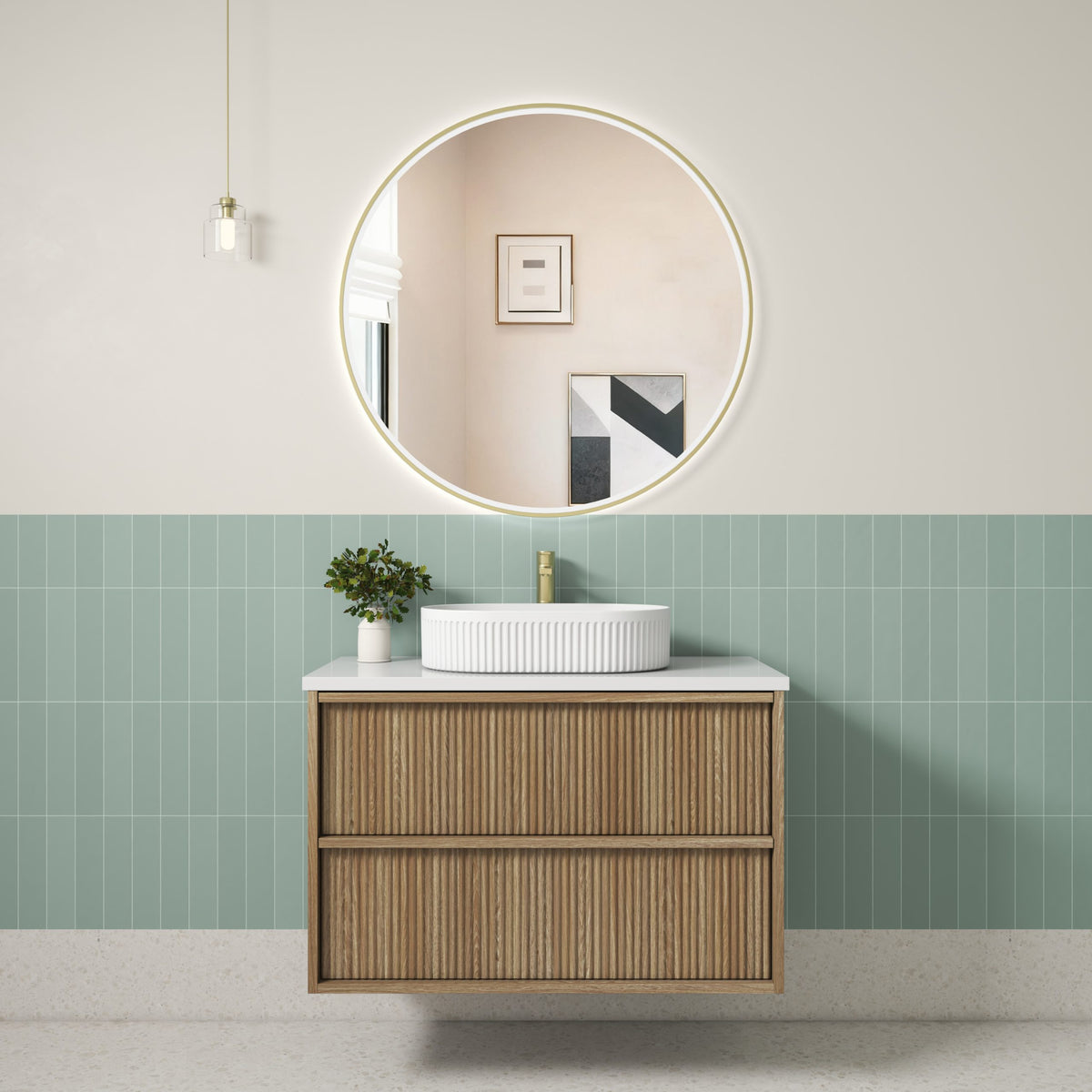 Aulic Venetta Fluted Framed Wall Hung Vanity 900mm in Harvest Oak, styled bathroom