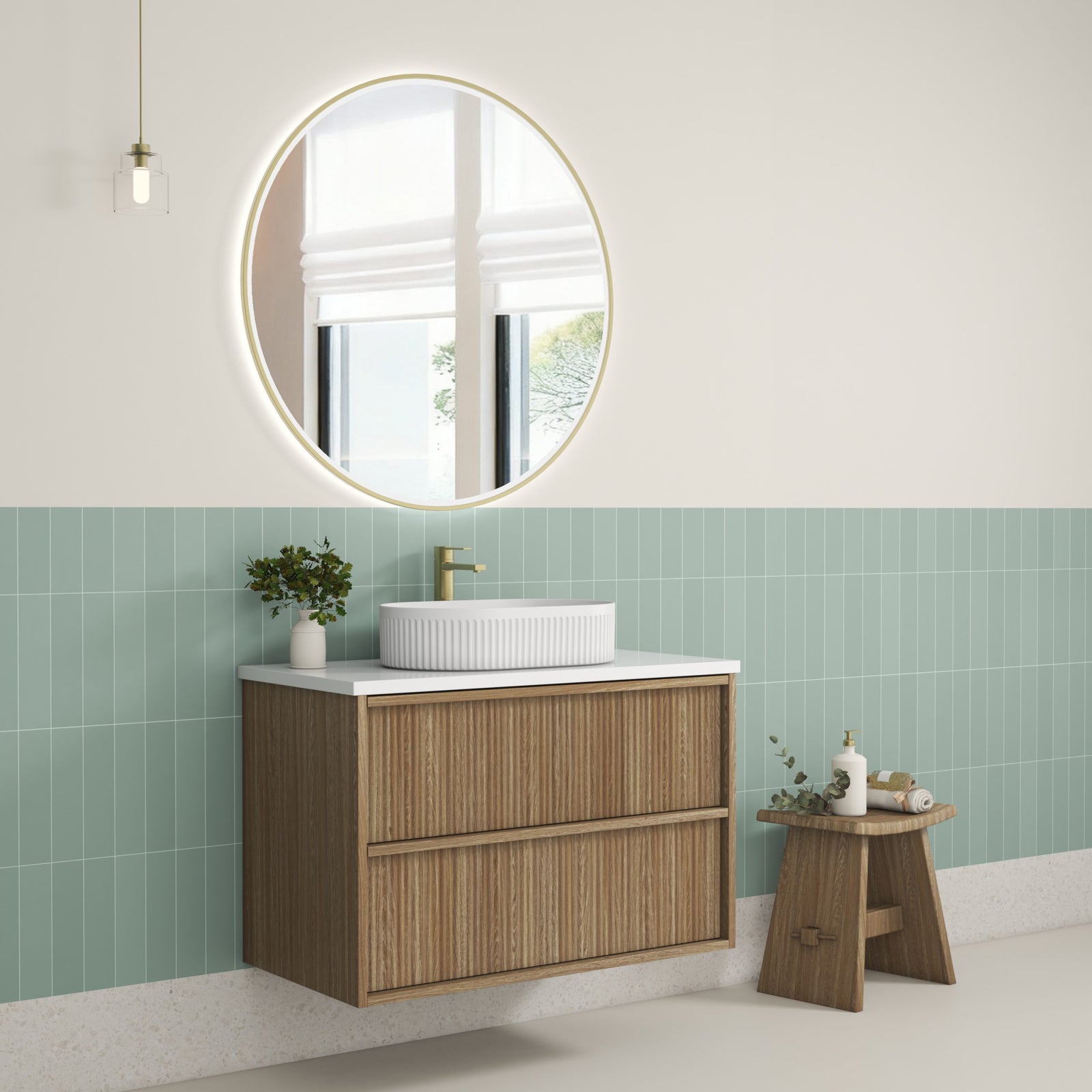 Aulic Venetta Fluted Framed Wall Hung Vanity 900mm in Harvest Oak, styled bathroom