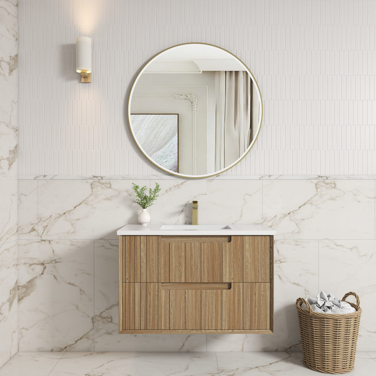Aulic Voulari Framed Wall Hung Vanity 900mm in Harvest Oak, styled bathroom
