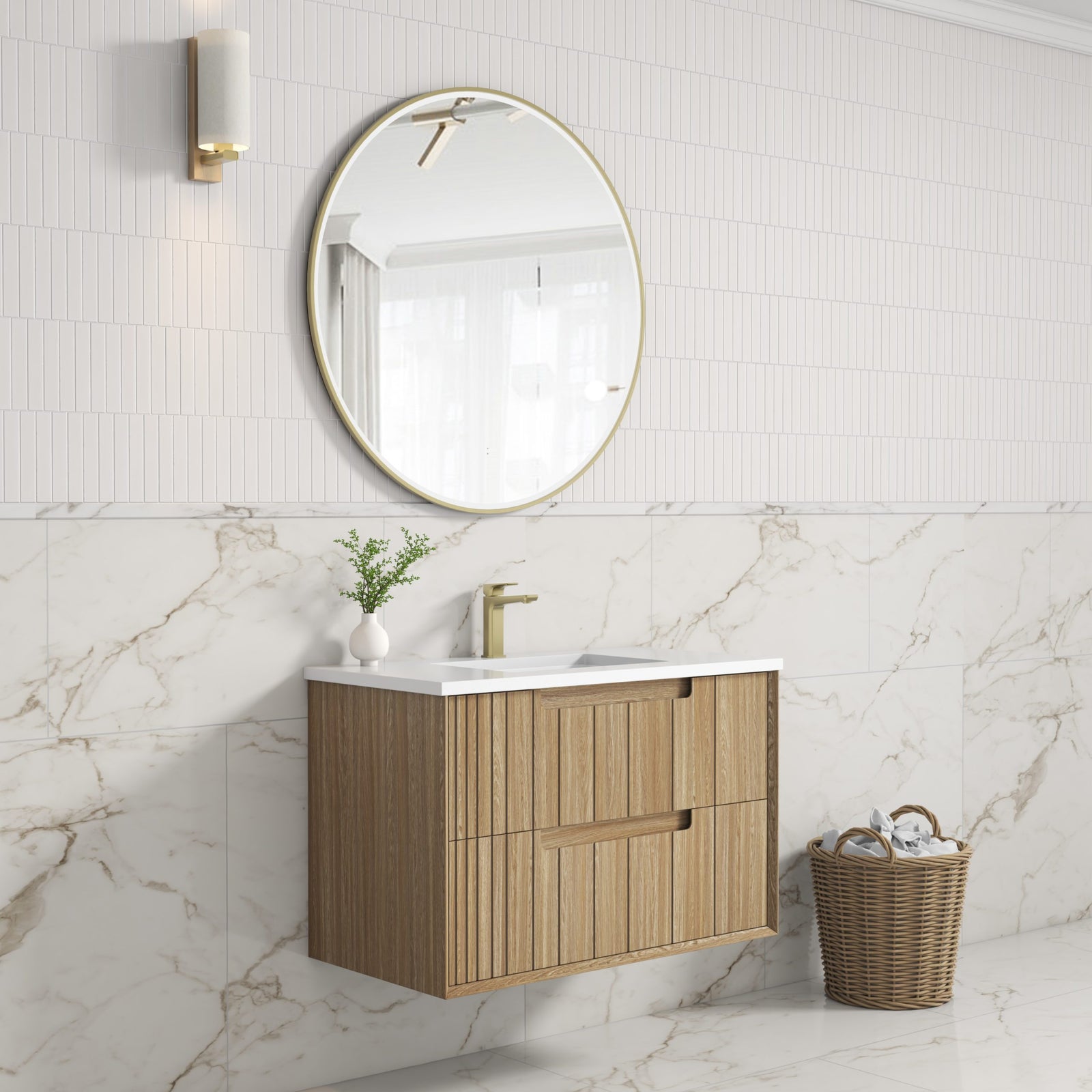 Aulic Voulari Framed Wall Hung Vanity 900mm in Harvest Oak, styled bathroom