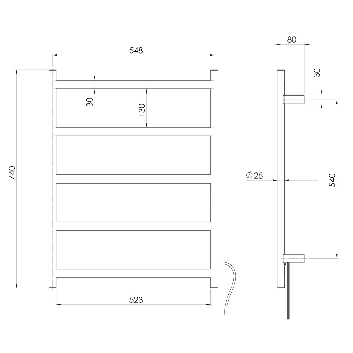 Phoenix Five Flat Bar Heated Towel Ladder 550mm x 740mm