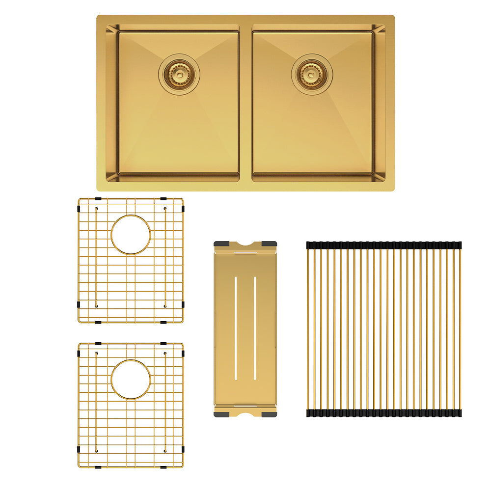 Fienza Hana 27L/27L Double Kitchen Sink Kit - PVD Rugged Brass