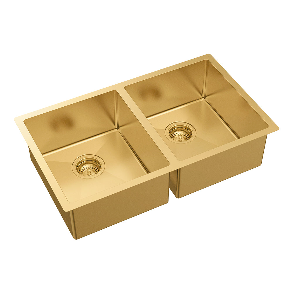 Hana 27L/27L Double Kitchen Sink, PVD Rugged Brass - Blue Bathware