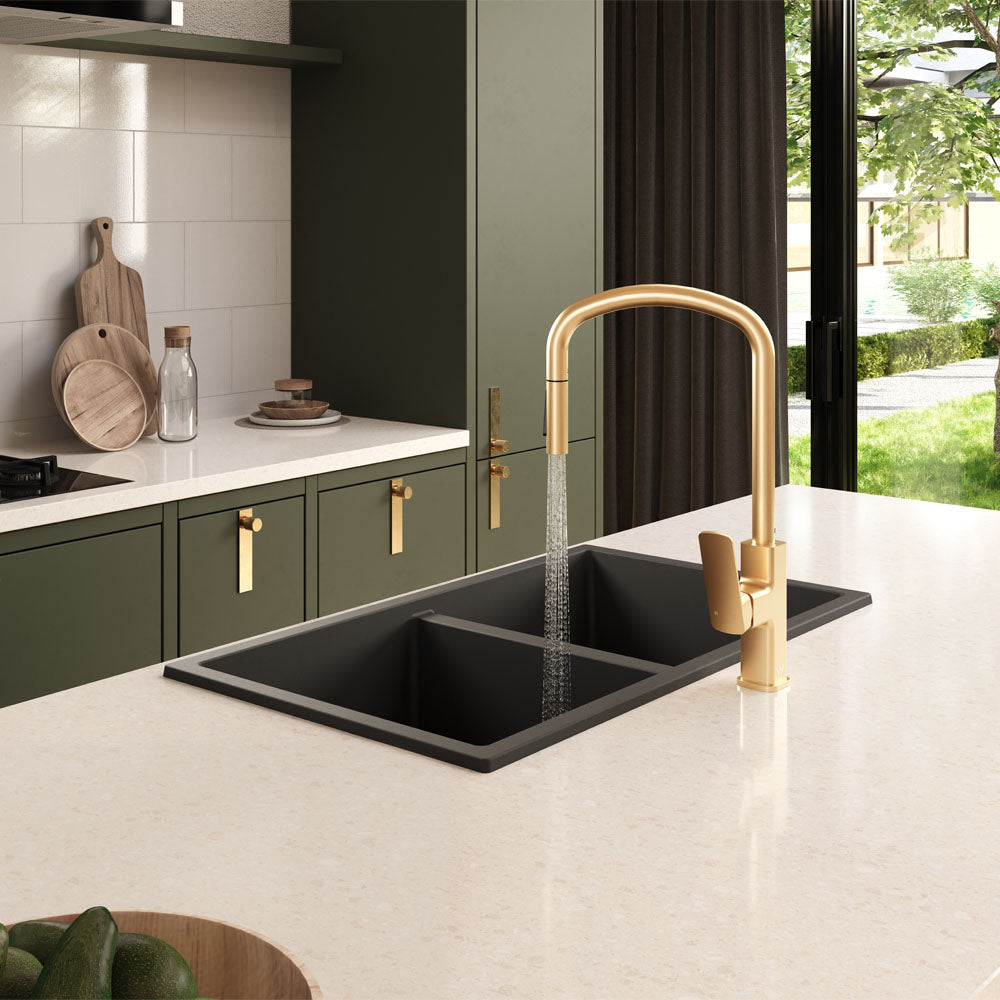 Kuro Granite 34L/34L Double Bowl Kitchen Sink, Matte Black