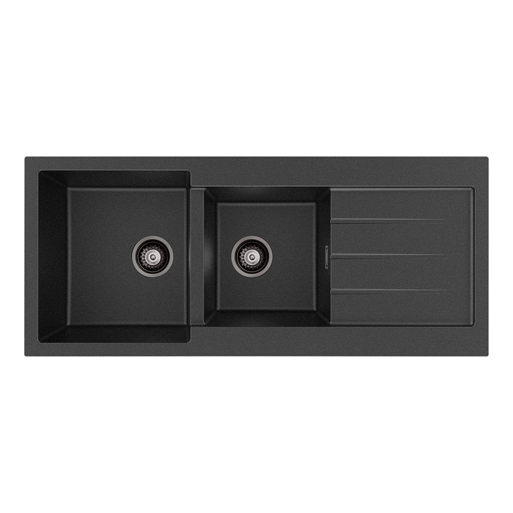 Kuro Granite 32L/22L Double Kitchen Sink with Drainer, Matte Black