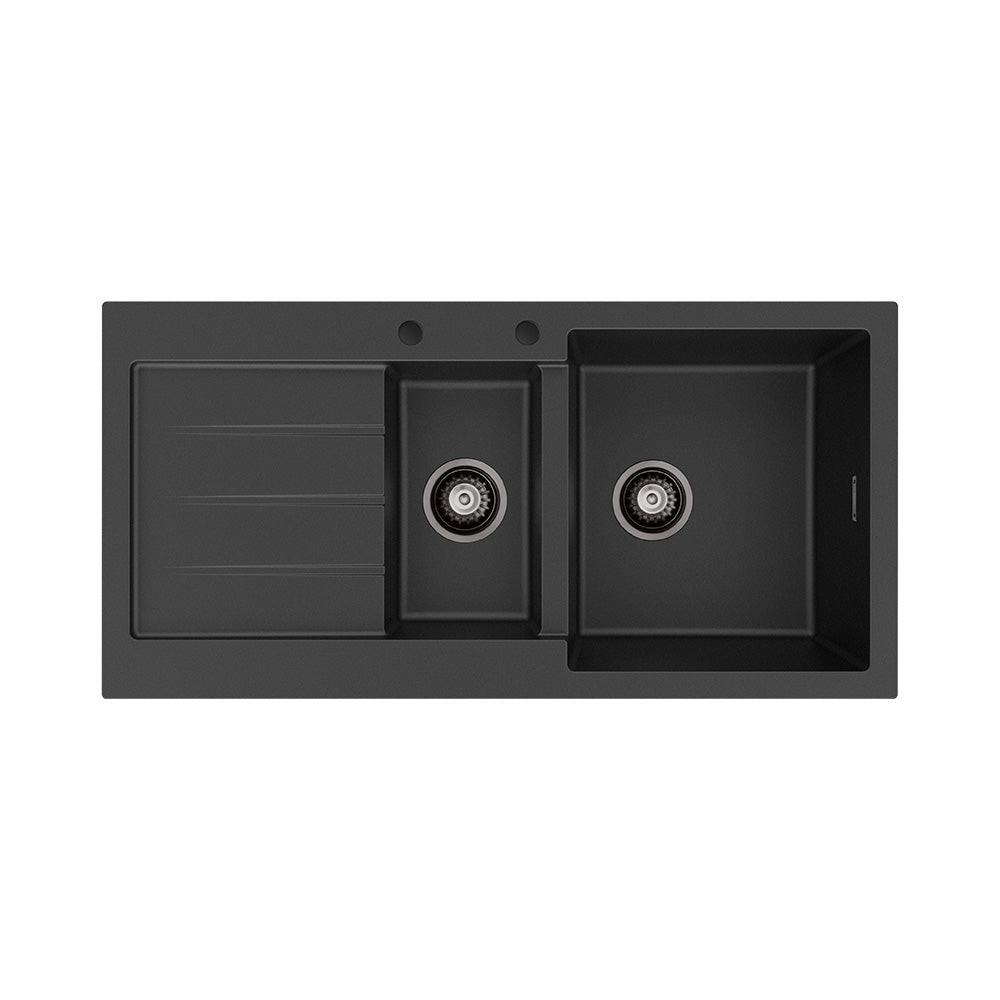 Kuro Granite 32L/14L Double Kitchen Sink with Drainer, Right Bowl, 2 Tap Holes, Matte Black