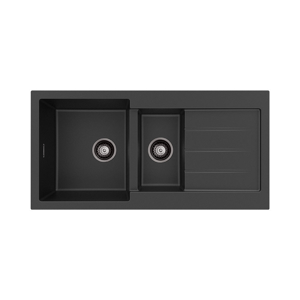 Kuro Granite32L/14L Double Kitchen Sink with Drainer, Matte Black