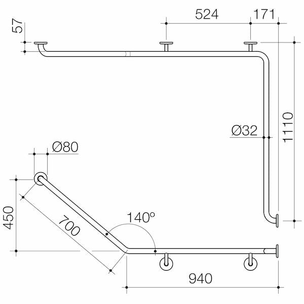 Caroma Care Support Grab Rail - 140 Degree Angled 1110x940x700 RH