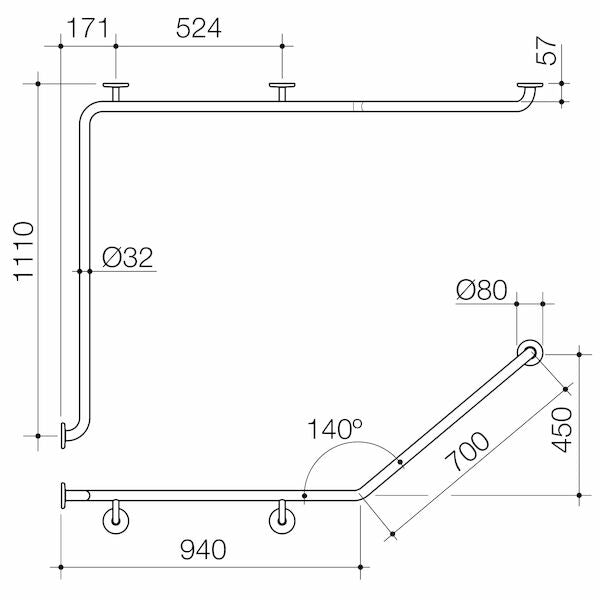 Caroma Care Support Grab Rail - 140 Degree Angled 1110x940x700 RH