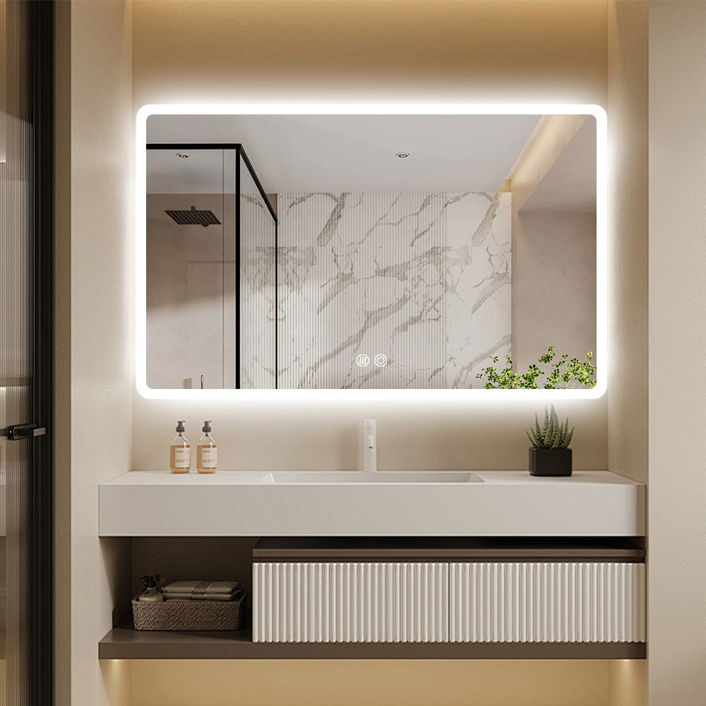 Rectangular LED Mirror Frameless Frosted Wall Mounted Bathroom Defogger Dimmable Touch Sensor