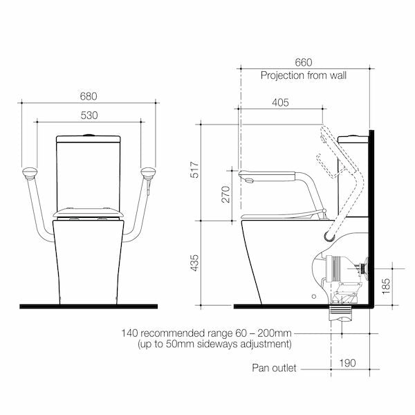 Caroma Care 660 Cleanflush WFCC Easy Height BE Suite with Armrests and Caravelle Single Flap Seat (GermGard®)