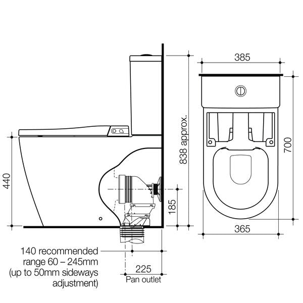 Caroma Urbane® II Bidet Cleanflush® Wall Faced Close Coupled Bottom Inlet Toilet Suite (with GermGard®)