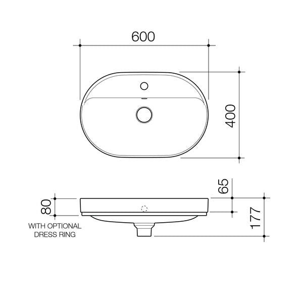 Caroma Liano II 600mm Pill Inset Basin with Tap Landing (1 Tap Hole)  (with Overflow)