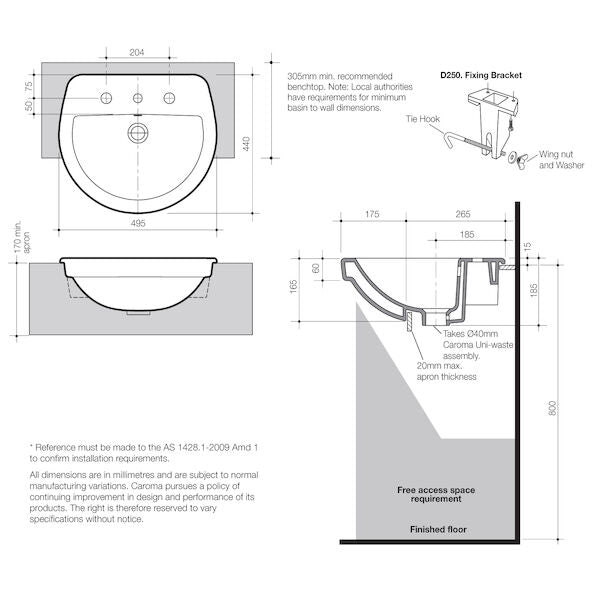 Caroma Cosmo Semi Recessed Basin 1TH
