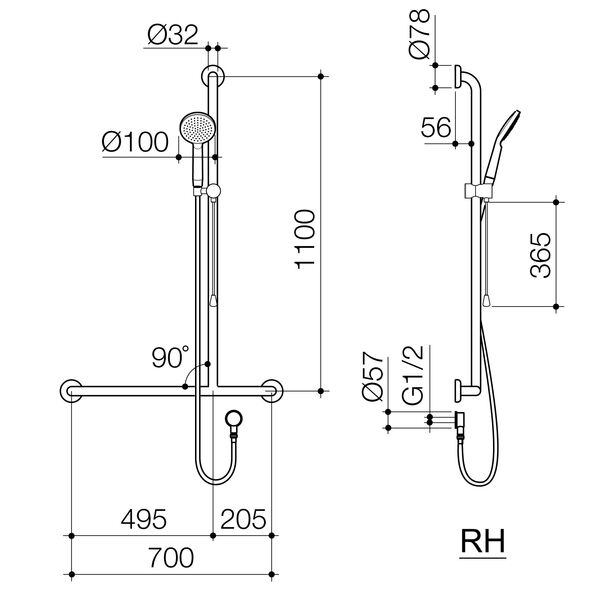 Caroma Care Support Accessible Shower Set with Inverted T Rail - RH