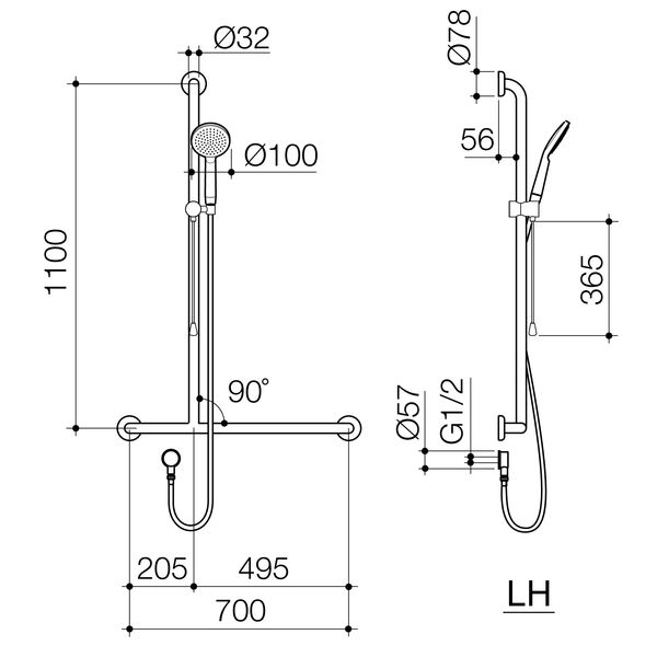 Caroma Care Support Accessible Shower Set with Inverted T Rail - RH