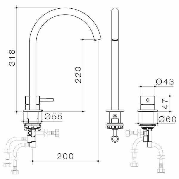 Caroma Liano II Hob Basin/Sink Mixer Set 200mm - Lead Free