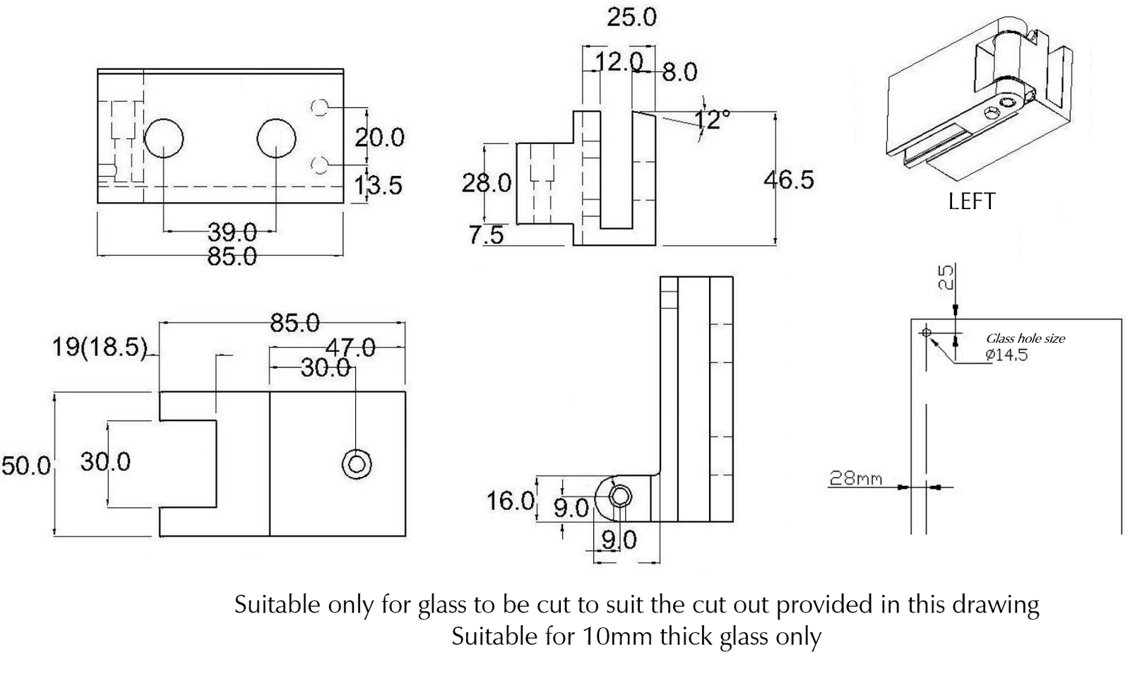 Bella Vista Shower Screen Overlap Hinge - Left/Right Hand - dimensions and specifications