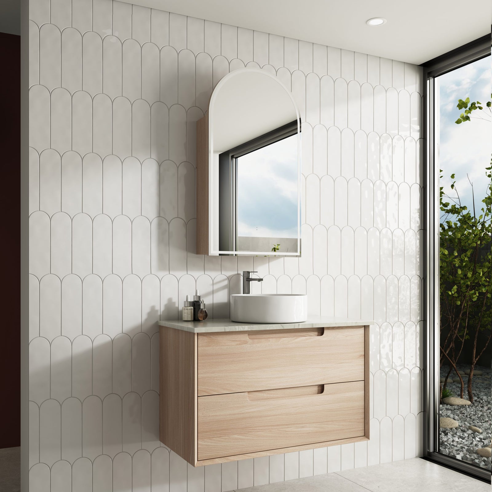 Aulic Ainsley Wall Hung Vanity 900mm in Mia, styled bathroom