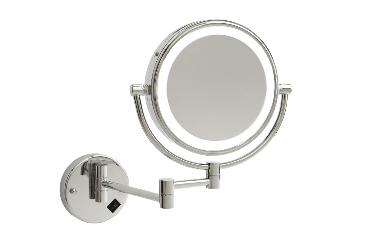 1 &amp; 5x Magnification Chrome Wall Mounted Shaving Mirror, 200 mm Diameter with Concealed Wiring