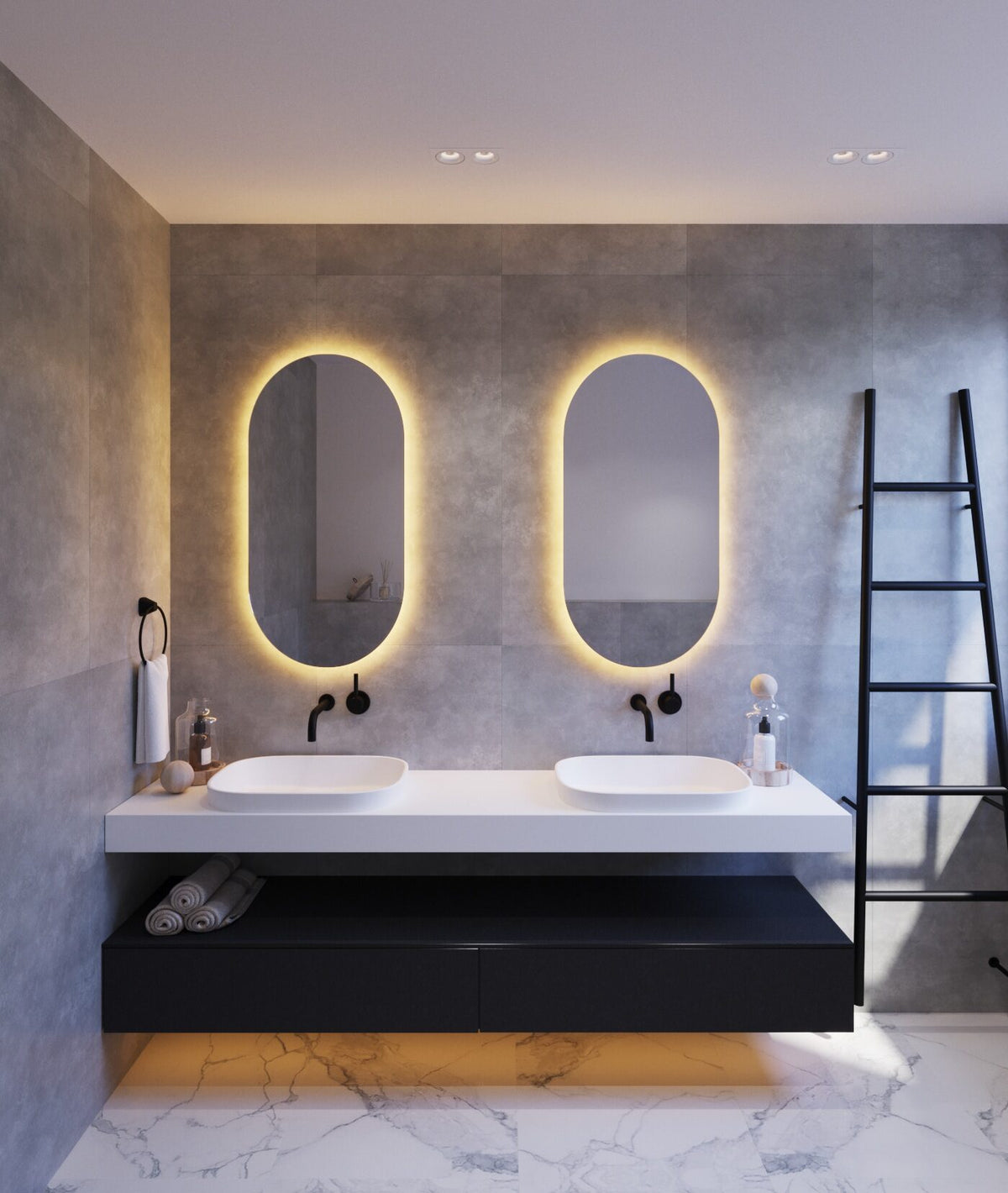 Backlit Pill Shape Mirror with Warm Light - Includes Mirror Demister