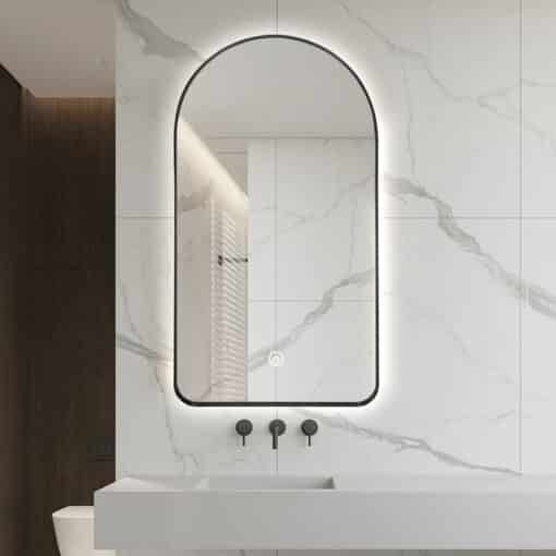Arched LED Wall Mirror - Black Bevel Frame Backlit Dimmable Defogger