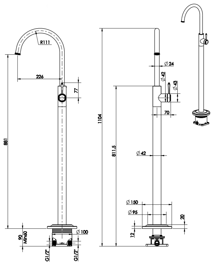 Bella Vista Mica Heritage Freestanding Bath Mixer - Trim Kit Only - dimensions and specifications