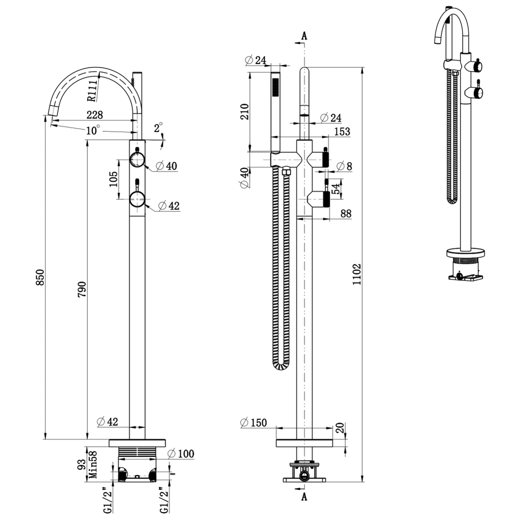 Bella Vista Mica Fluted Freestanding Bath Mixer with Hand Shower