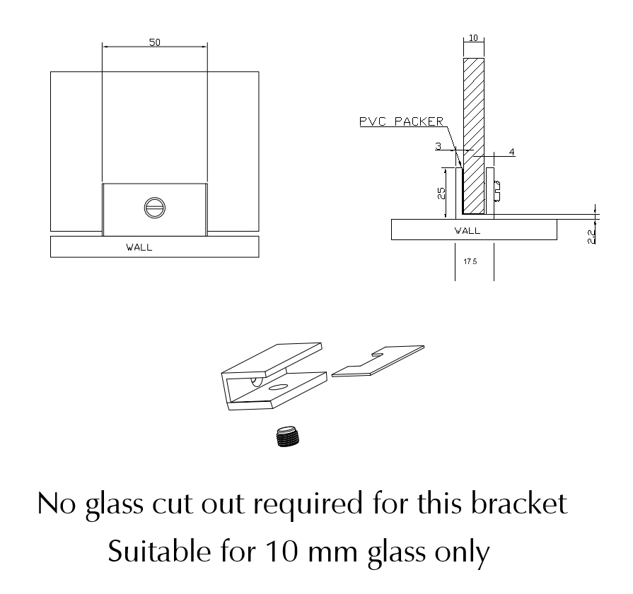 Bella Vista Shower Screen Wall Bracket - dimensions and specifications
